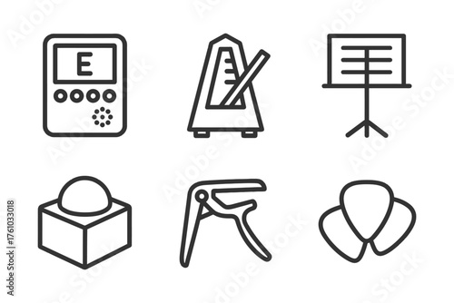 A set of musical instruments and a music stand. The instruments include a metronome, a guitar, a keyboard, and a drum. Vector. 
