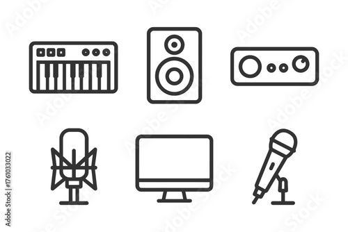 A set of musical instruments and equipment, including a microphone, keyboard, and speakers. The instruments are arranged in a row. Vector. 