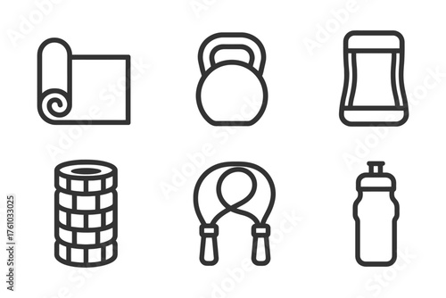 A set of fitness icons including a yoga mat, a kettlebell, a jump rope, a water bottle, and a gym bag. Vector. 