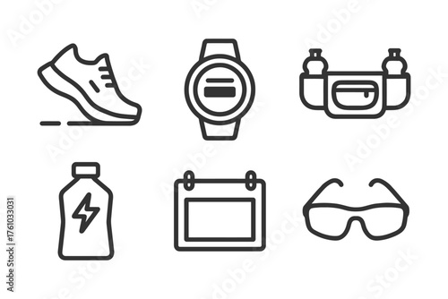 A set of icons for fitness and sports. The icons include a watch, a pair of glasses, a bottle, a shoe, a water bottle, and a calendar. Vector. 