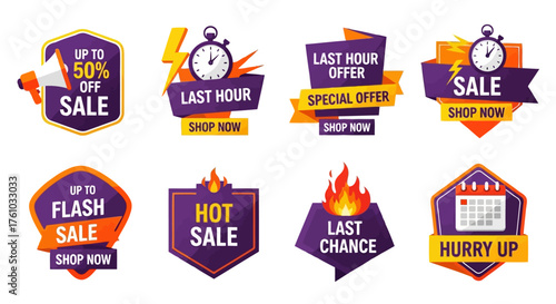 set of sale labels. Collection of vibrant sale badges isolated on white background, featuring eyecatching designs with bold typography and dynamic shapes to promote special offers and discounts