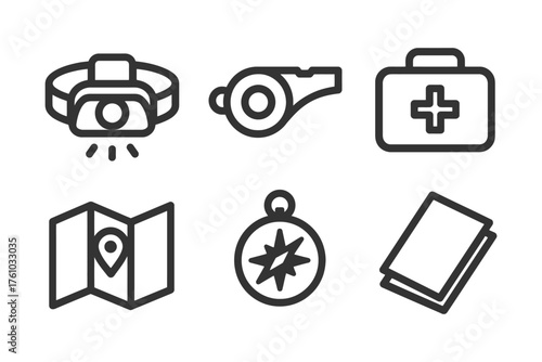A collection of icons that represent various essential items for outdoor activities and emergencies. These icons include a map, a compass. Vector. 