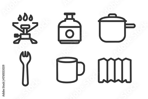 A set of six icons for cooking and camping. The icons include a spoon, a fork, a knife, a cup, a bottle, and a pot. Vector. 