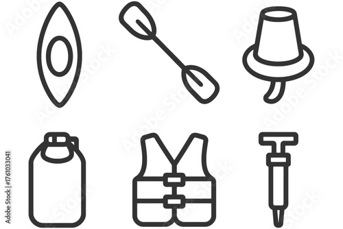A collection of items related to water sports and safety. The items include a kayak, paddle, life jacket, and other water sports equipment. Vector. 