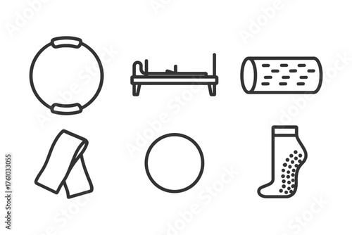 A collection of fitness and wellness items, including a yoga mat, a foam roller, and a pair of socks. Vector. 