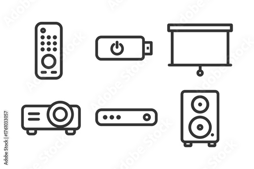A set of remote controls, a projector, a speaker, and a camera. Concept of a home entertainment setup. Vector. 