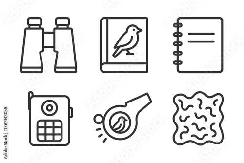 A set of icons for various items related to outdoor activities. The icons include a book, a bird, a pair of binoculars, a whistle, a compass. Vector. 