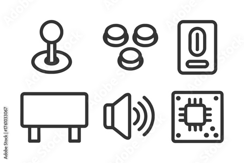 A set of icons for a video game. The icons include a joystick, a controller, a speaker, a keyboard, a mouse, and a disk drive. Vector. 