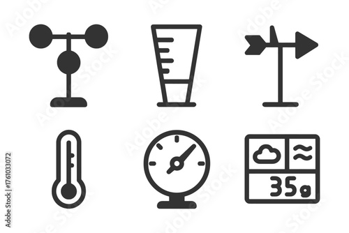 The image is a collection of weather icons, including a thermometer, a barometer, and a wind vane. Vector. 