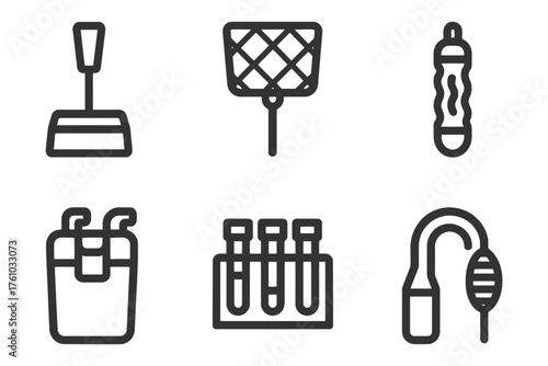 A set of six black and white icons that represent various items related to cleaning and medical supplies. The icons include a toilet brush. Vector. 