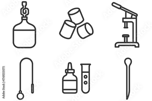 A set of scientific instruments and a bottle of medicine. The instruments include a microscope, a beaker, and a pipette. Vector. 