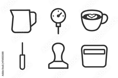 A set of six icons for kitchen items, including a coffee cup, a coffee maker, a coffee grinder, a coffee pot, a coffee mug, and a coffee pre. Vector. 
