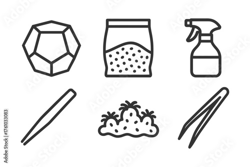 A black and white drawing of a variety of items including a bottle of spray, a pair of scissors, a pair of tweezers, a bag of sand, a bottle. Vector. 