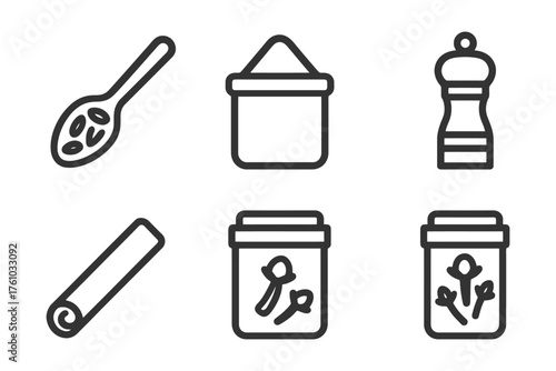 A set of six icons for kitchen utensils and containers. The icons include a spoon, a jar, a pepper grinder, a sugar container, a salt shaker. Vector. 
