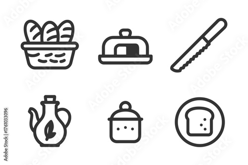 A black and white drawing of food items such as bread, a knife, a bowl, a spoon, a cup, and a plate. Vector. 
