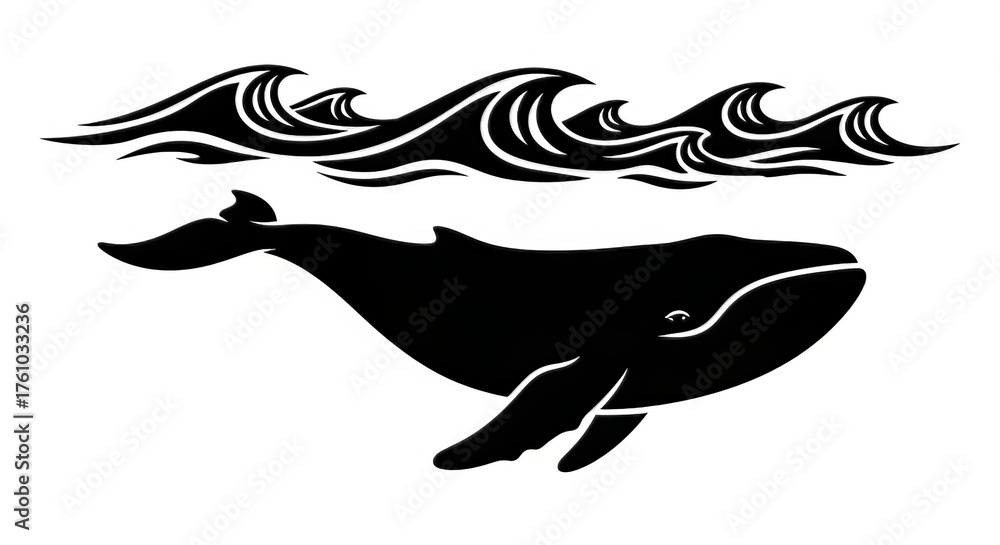 Obraz premium Black silhouette of a whale swimming under stylized waves on a white background in simple design
