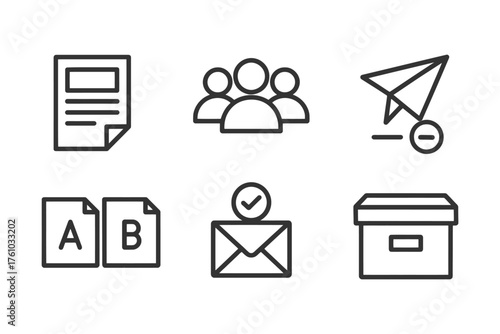 A set of six different icons, all of which are black and white. The icons include a box with a letter A and B on it, a box with a letter B. Vector. 