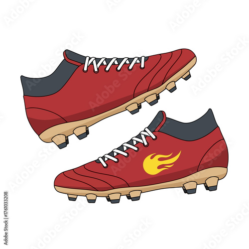 sport shoes isolated on white background. A pair of red soccer shoes isolated on white background, one with a flame design, perfect for sports enthusiasts and athletes looking for stylish footwear