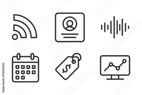 A set of icons for a calendar, a radio, a person, a price tag, a computer monitor, and a television. Vector. 