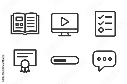 A set of icons for a computer screen, including a book, a TV, a check mark, a check box, a speech bubble, and a button. Vector. 