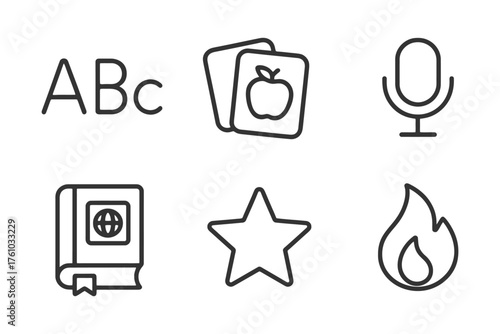 A book, a star, an apple, a microphone, a fire, and an alphabet. The image is about education and learning. Vector. 