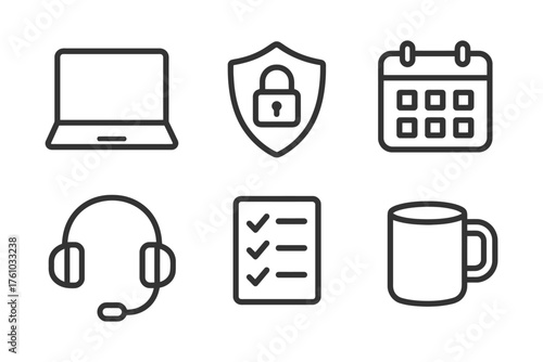 A set of icons for a computer, including a laptop, a calendar, a mug, a keyboard, a mouse, and a headset. Vector. 