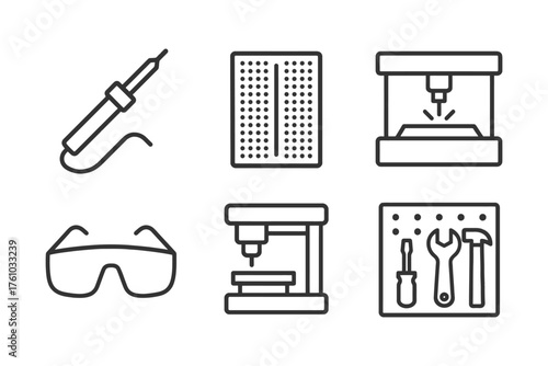 A set of six icons for tools and equipment, including a soldering iron, a soldering gun, a soldering station, a soldering gun, a soldering s. Vector. 