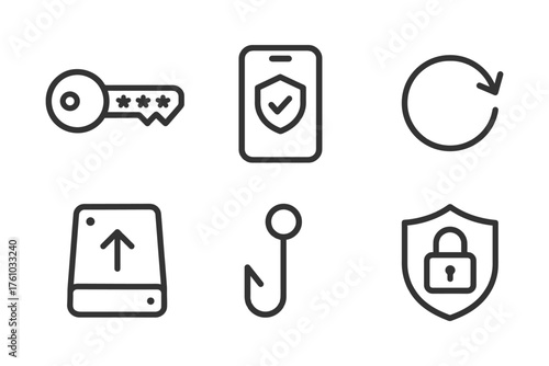 A set of icons for a computer security system. The icons include a key, a phone, a camera, a lock, a shield, and a fish. Vector. 