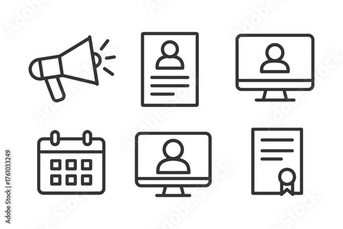A series of icons for a computer screen, including a calendar, a computer monitor, and a person. Vector. 