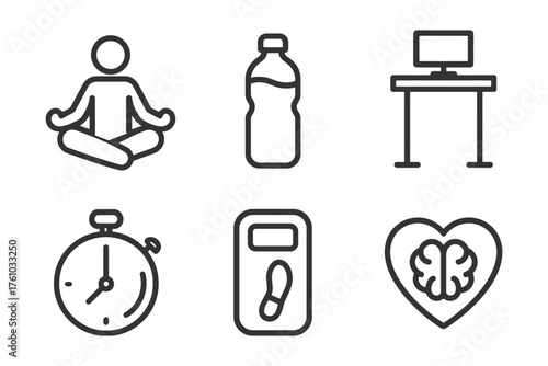 A series of icons for health and wellness, including a person meditating, a clock, a heart, a bottle, a computer, and a desk. Vector. 