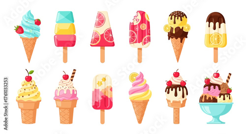 set of ice cream. A colorful assortment of ice cream cones and popsicles with various toppings and flavors, isolated on a white background, perfect for a summer treat or a sweet dessert 