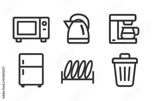 A set of icons for kitchen appliances and utensils. The icons include a microwave, toaster, coffee maker, and a refrigerator. Vector. 