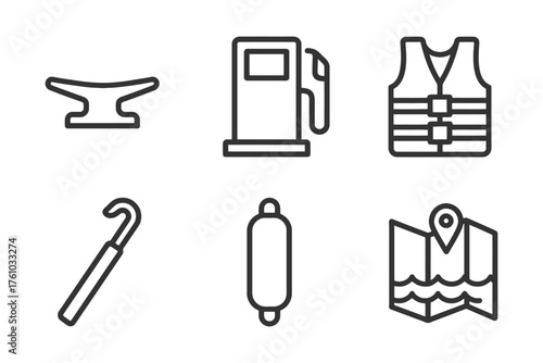 A set of icons for various items, including a gas pump, a life vest, a map, and a fishing pole. Vector. 