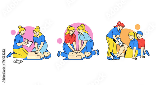 A group of people are learning cpr in a first aid training class, isolated on white background they are practicing on a dummy