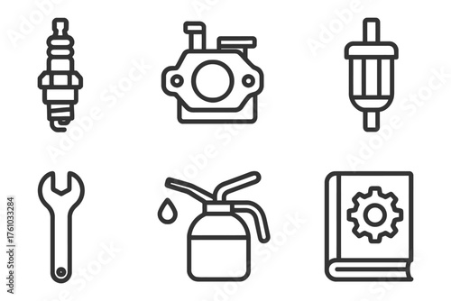 A set of six icons for automotive tools and equipment. The icons include a wrench, a spark plug, a spark plug wrench, a spark plug socket. Vector. 