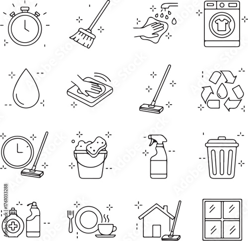 Cleaning icon set, collection of housekeeping and janitorial glyph symbols, simple black vector illustration for domestic chores and hygiene
