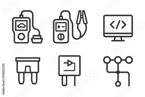 A series of icons for car maintenance and repair. The icons include a car battery tester, a car battery charger, a car battery tester. Vector. 