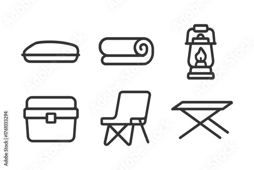 A set of six icons for camping and outdoor activities. The icons include a sleeping bag, a tent, a chair, a cooler, a lantern, and a table. Vector. 