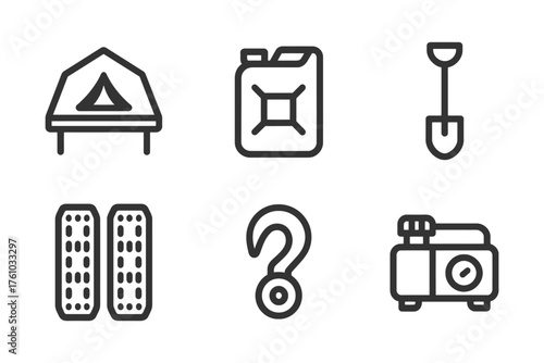A set of six icons, including a shovel, a gas can, a remote control, a tent, a car, and a camera. Vector. 