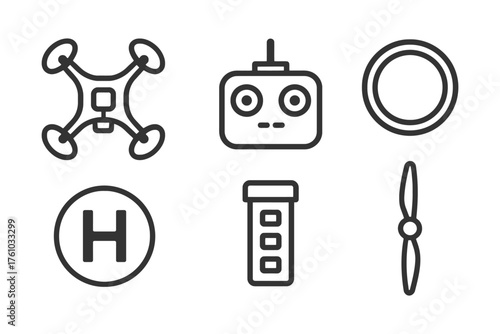 A set of icons for a drone, a helicopter, a robot, and a propeller. The icons are all black and white. Vector. 