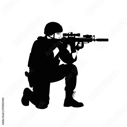silhouette of a soldier with a rifle. A silhouette of a soldier in tactical gear kneeling and aiming a rifle, isolated on white background, representing military, law enforcement, or security concepts