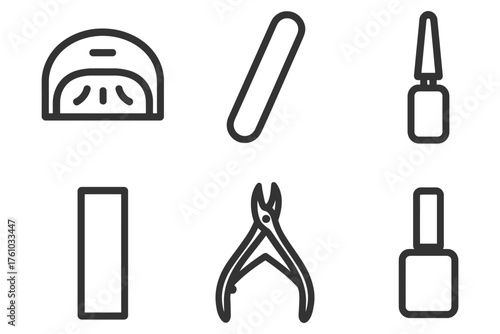 A set of nail care tools and supplies. The image is black and white. The tools include a nail file, a nail clipper, and a nail buffer. Vector. 