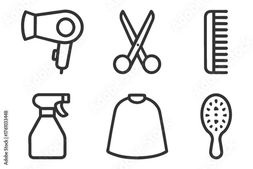 A set of six different hair care items, including a brush, a comb, a hair dryer, a hair straightener, a pair of scissors, and a bottle of ha. Vector. 