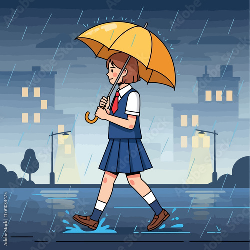 girl with an umbrella. A schoolgirl with short brown hair wearing a uniform and holding an umbrella is walking in the rain in a city with puddles on the ground and buildings in the background
