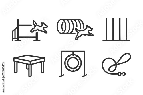 A variety of dog-related activities and obstacles, such as a table, a jump, and a tire. The scene is likely set up for a dog agility course. Vector. 