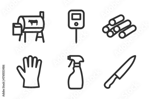 A set of six icons, each representing a different tool or object. The icons are arranged in a row, with the first one being a knife. Vector. 
