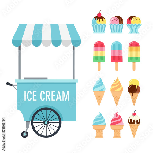ice cream icons. Colorful vector illustration of an ice cream cart and various frozen treats, perfect for summer promotions and sweet treat designs isolated on white background