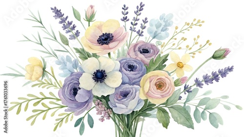 Romantic Watercolor Flower Arrangement with Wild Blooms in Subtle Pastel Shades