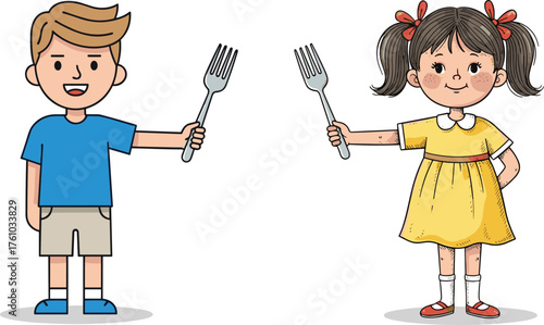Cartoon children holding giant forks, cheerful food symbolism, animated lifestyle, playful dining moment, expressive posture, apron-free snack scene