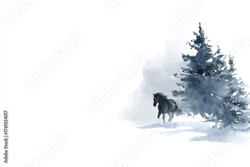 watercolor illustration of a gorgeous wild horse galloping through the snowy winter forest, minimalistic style, copy space